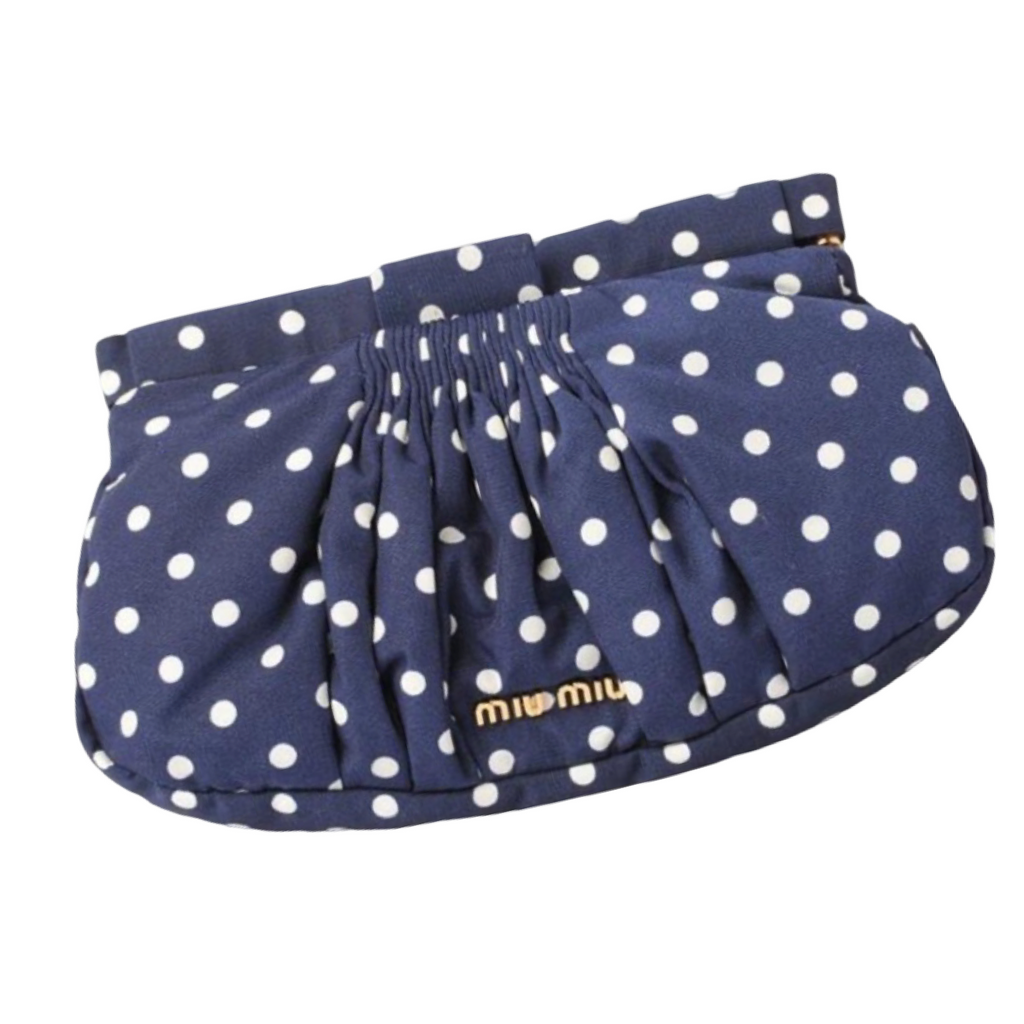 Miu Miu Blue White Polka Dot Nylon Gathered Clutch Pouch Bag