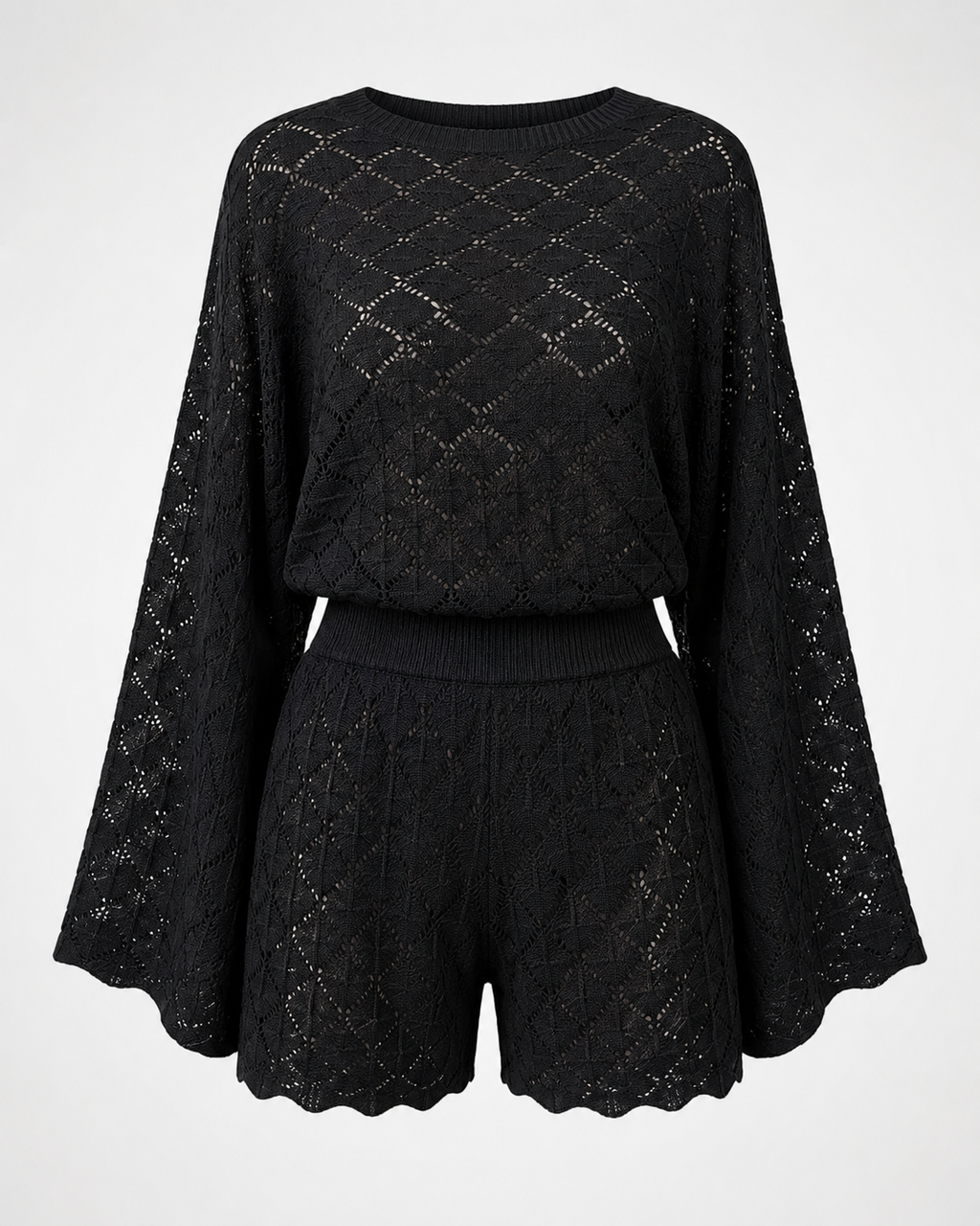 Women’s Hollow Knit Two Piece Shorts Set | Long Sleeve Crochet Sweater & Shorts Co-Ord
