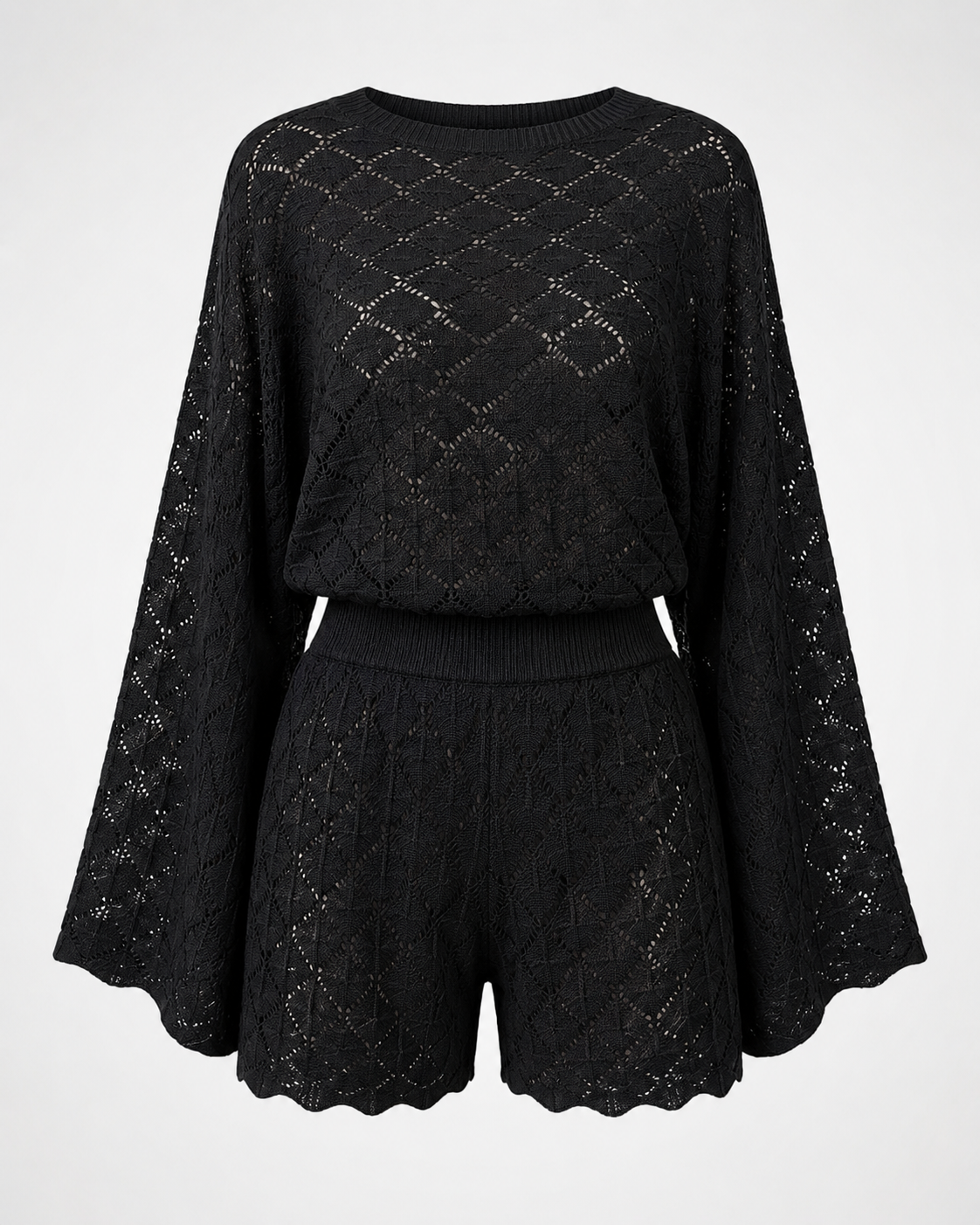 Women’s Hollow Knit Two Piece Shorts Set | Long Sleeve Crochet Sweater & Shorts Co-Ord