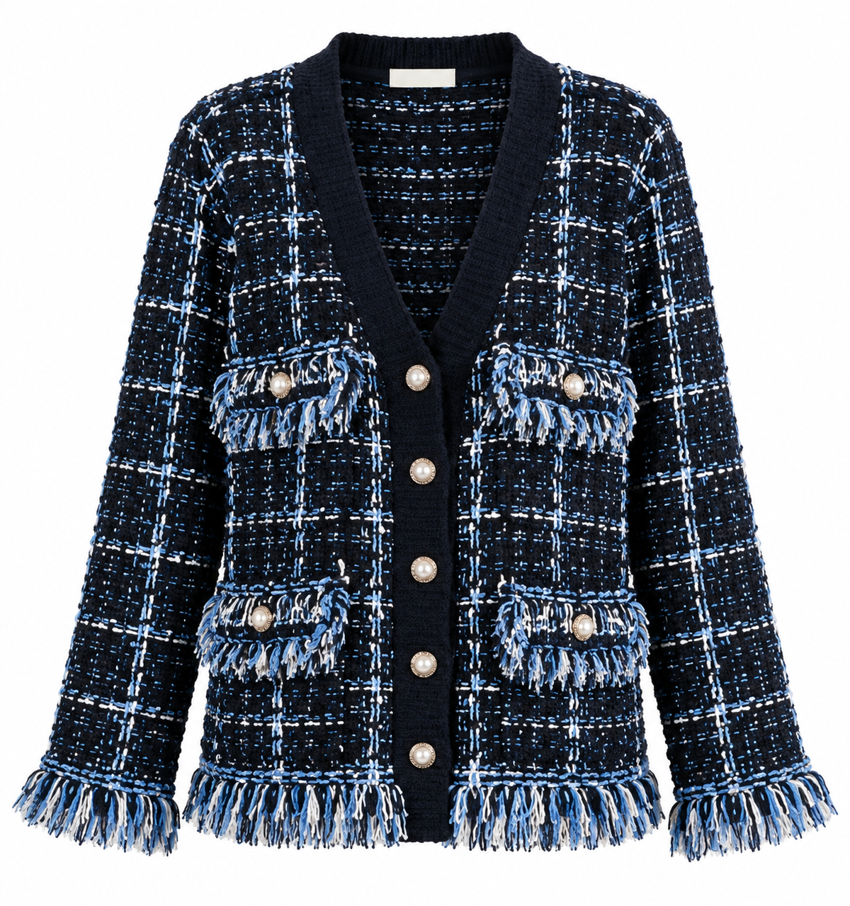 Blue Bouclé Tweed Fringe Cardigan Jacket