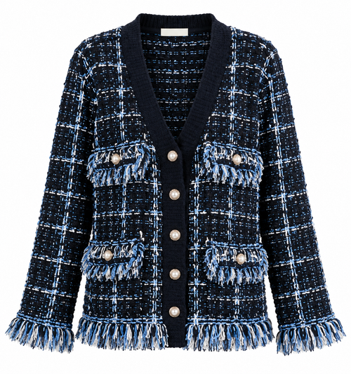 Blue Bouclé Tweed Fringe Cardigan Jacket