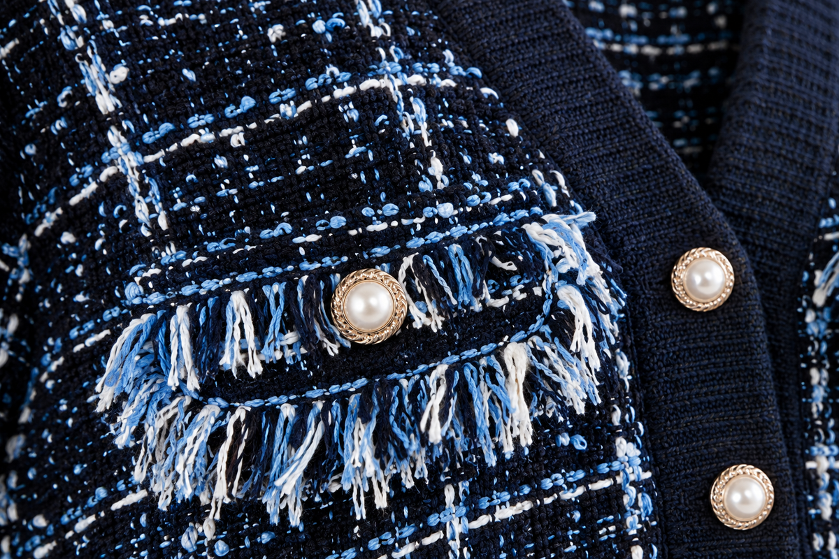 Blue Bouclé Tweed Fringe Cardigan Jacket