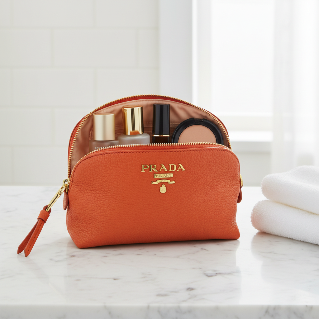 Prada Orange Leather Cosmetic Pouch Gold Hardware Previously Owned Authentic