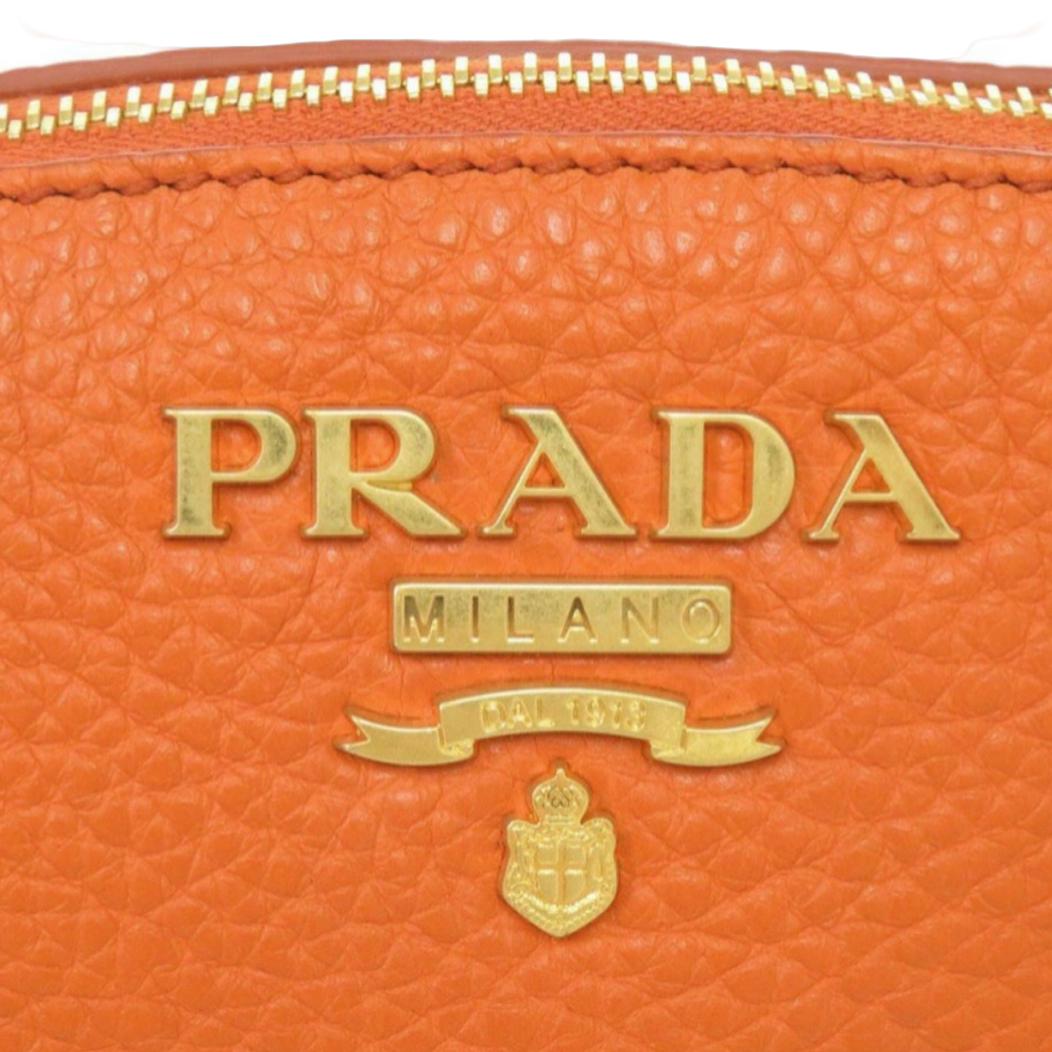 Prada Orange Leather Cosmetic Pouch Gold Hardware Previously Owned Authentic