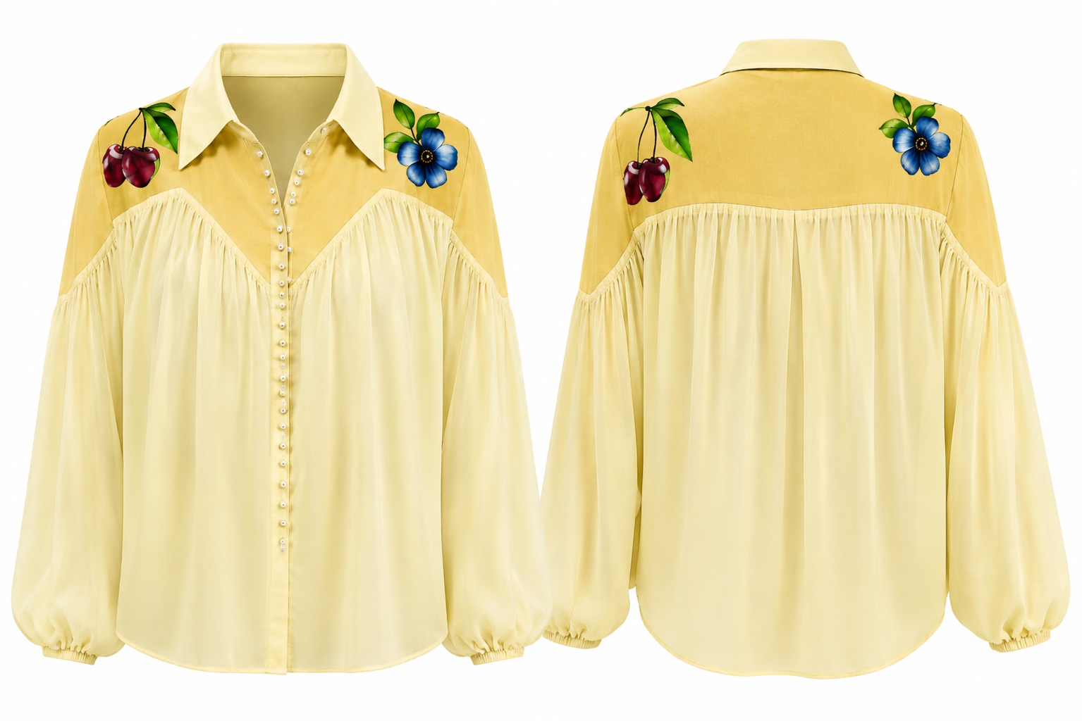 Yellow Fruit Print Chiffon Blouse | Pearl Button Resort Top