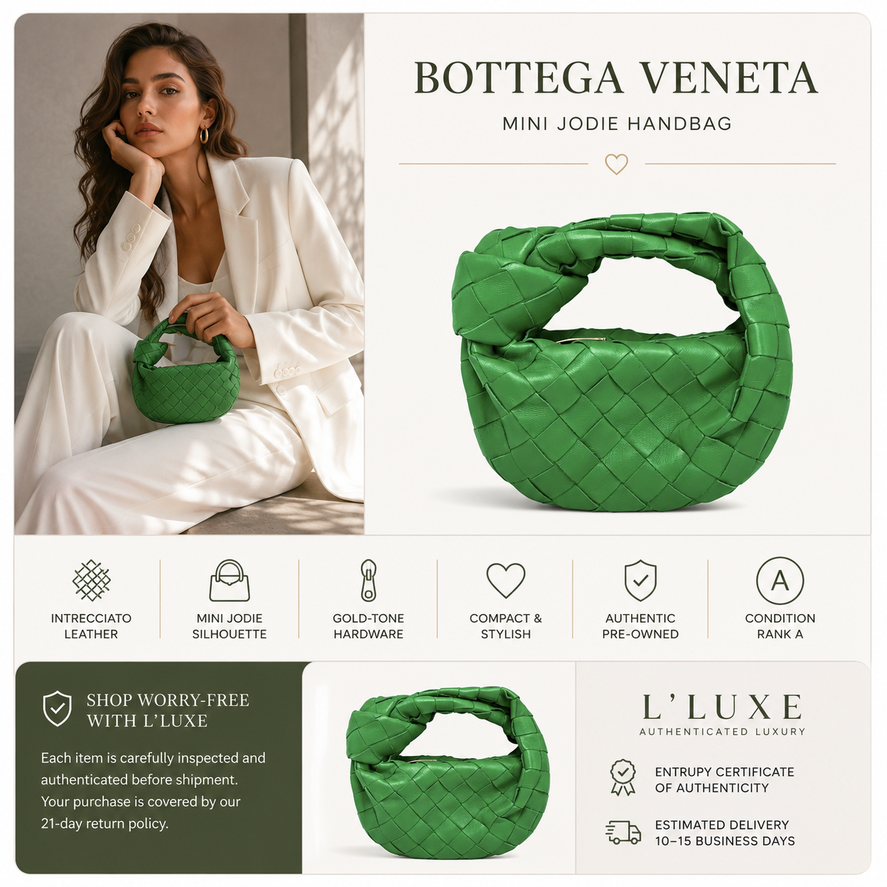 BOTTEGA VENETA Mini Jodie Green Leather Handbag | Previously Owned Authentic