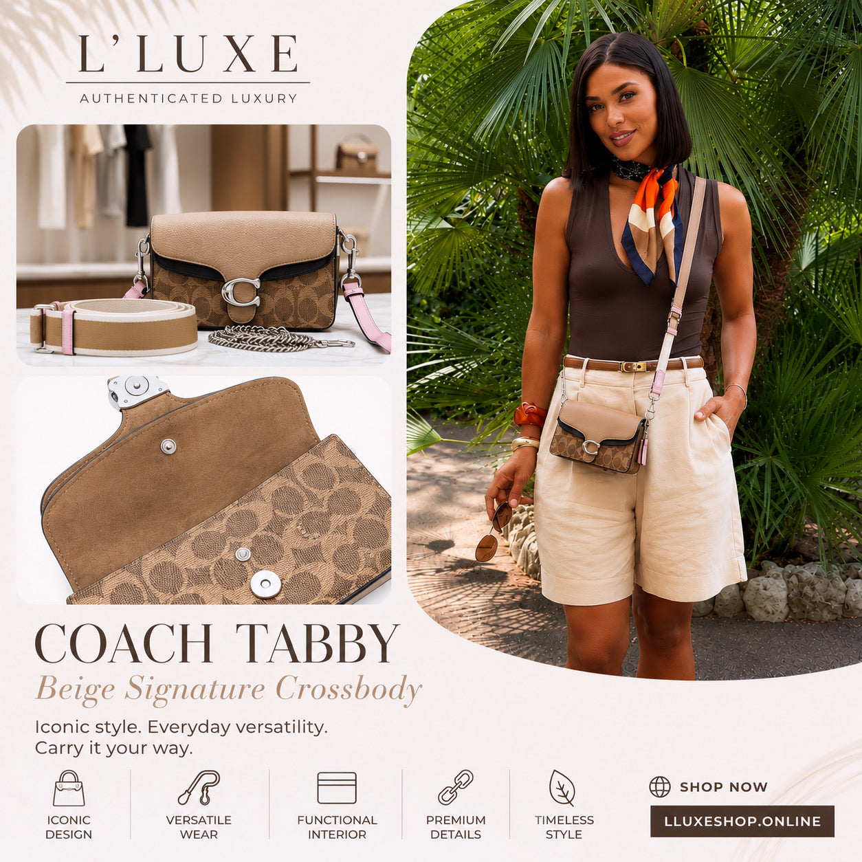 COACH Tabby Beige Signature Crossbody Bag | Previously Owned Authentic
