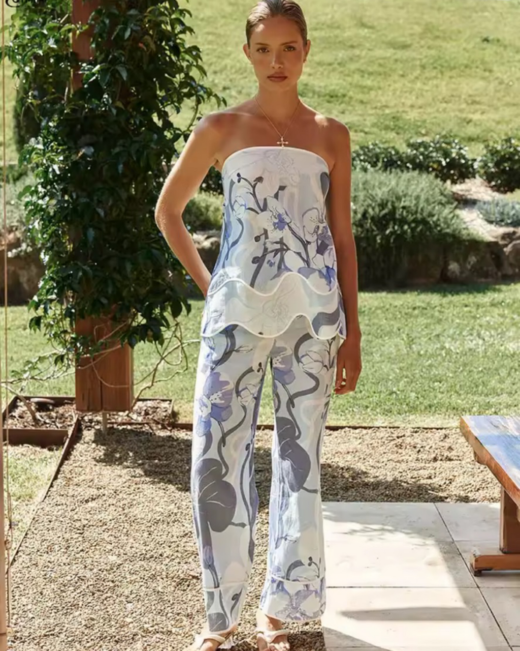 Blue Floral Strapless Top & Wide-Leg Pant Co-Ord