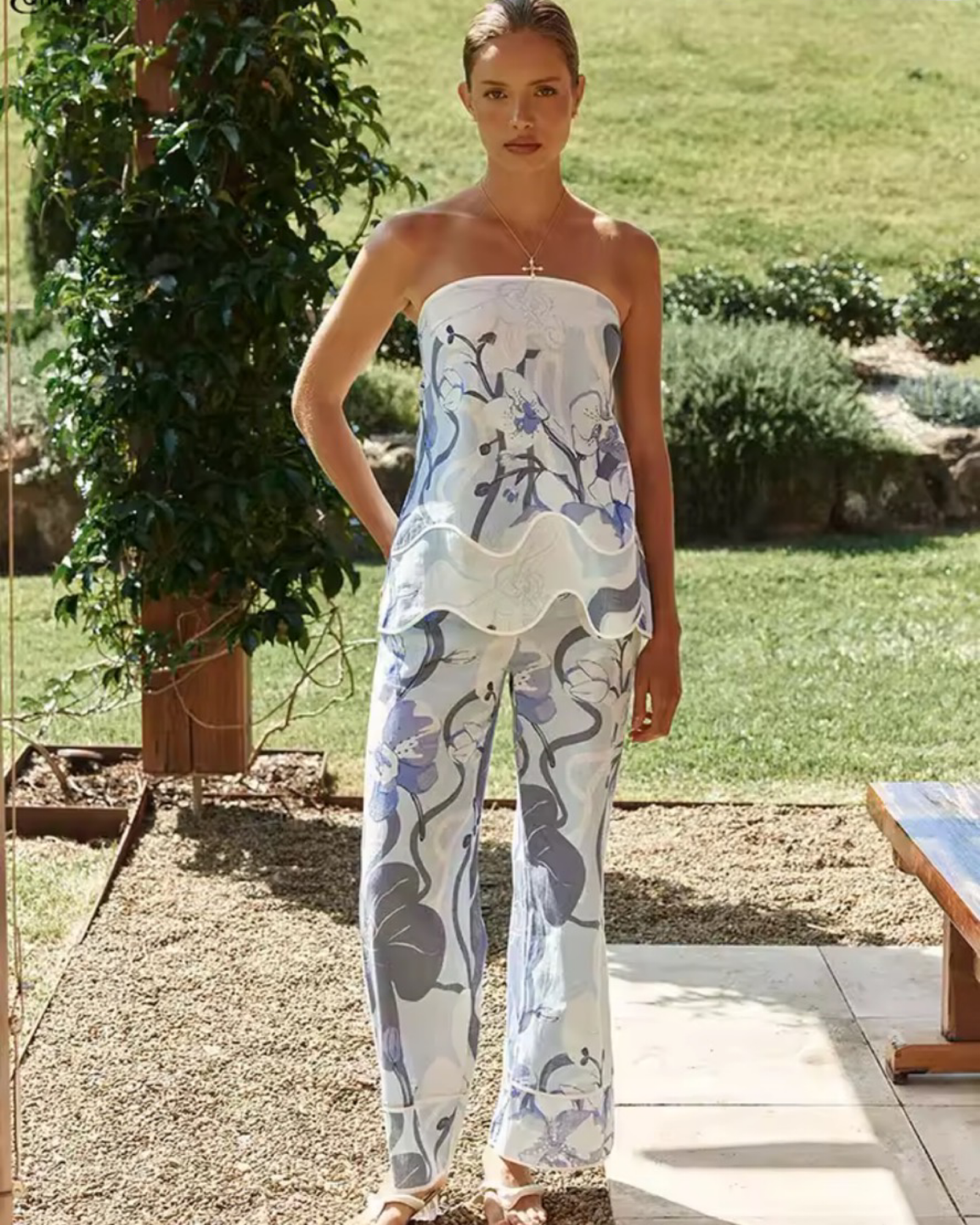Blue Floral Strapless Top & Wide-Leg Pant Co-Ord