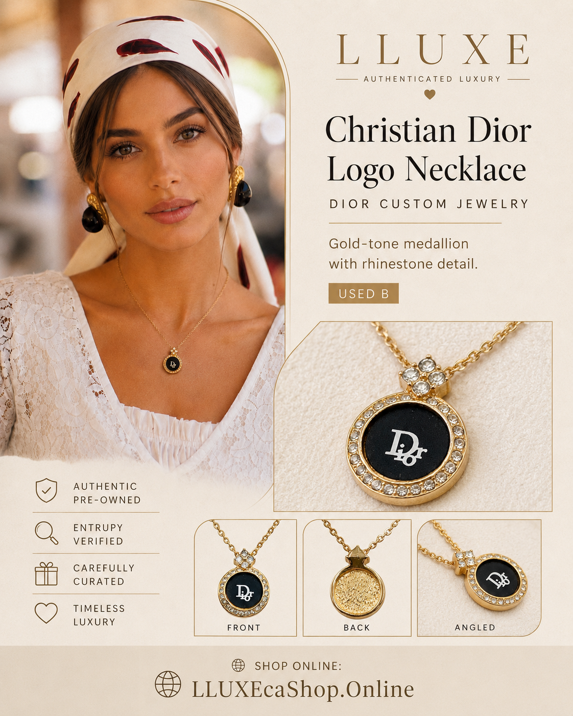 CHRISTIAN DIOR Logo Rhinestone Costume Jewelry Necklace | Previously Owned Authentic