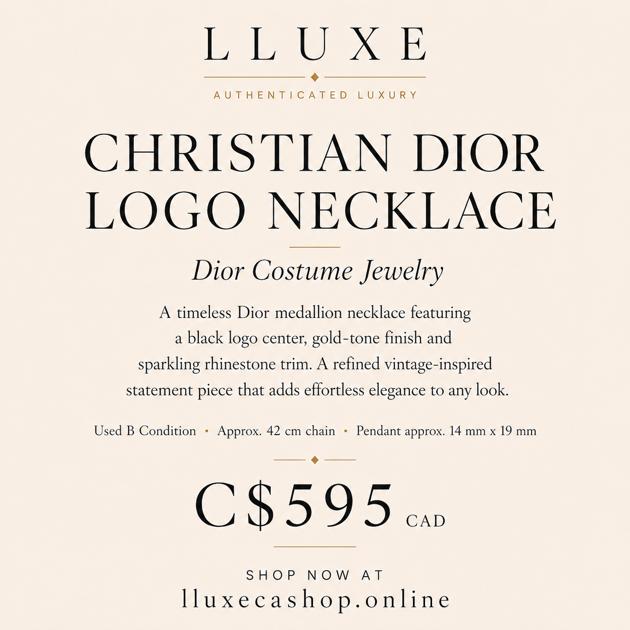 CHRISTIAN DIOR Logo Rhinestone Costume Jewelry Necklace | Previously Owned Authentic