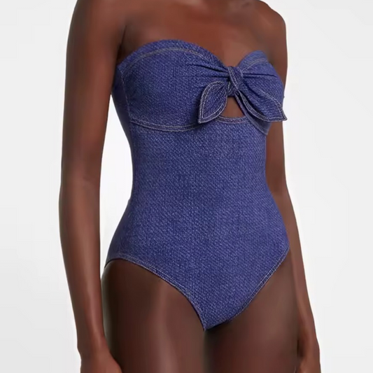 Blue Strapless One-Piece Swimsuit – Bow & Ruffle Detail | L’LUXE Swimwear
