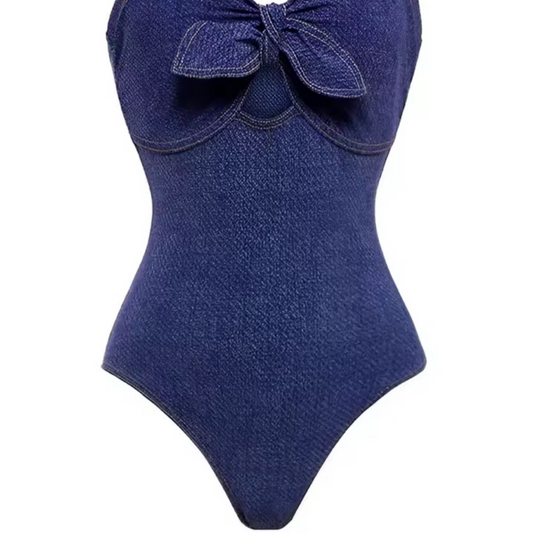 Blue Strapless One-Piece Swimsuit – Bow & Ruffle Detail | L’LUXE Swimwear