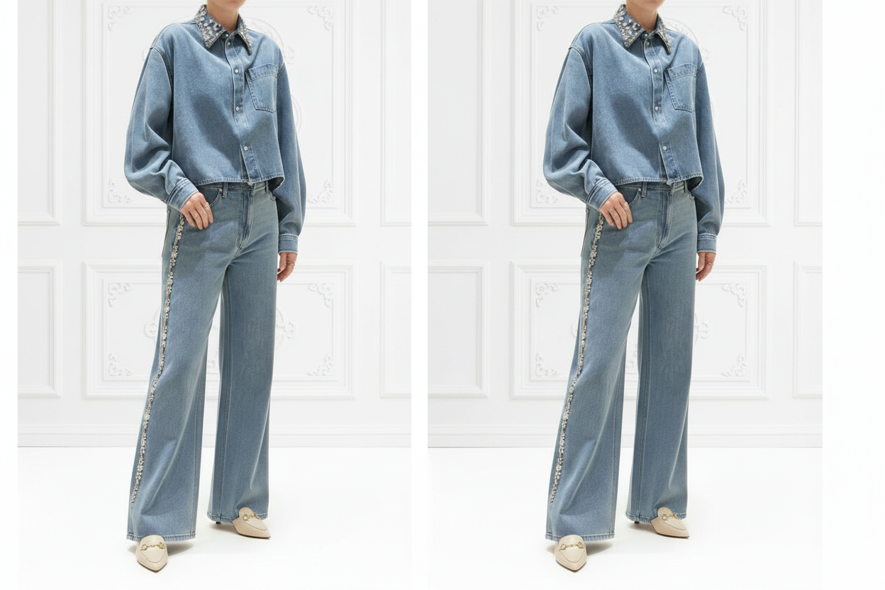 Rhinestone Collar Denim Shirt & High-Waist Wide-Leg Jeans Set