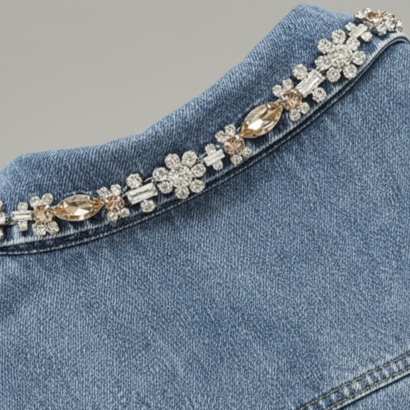 Rhinestone Collar Denim Shirt & High-Waist Wide-Leg Jeans Set