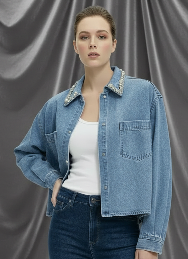 Rhinestone Collar Denim Shirt & High-Waist Wide-Leg Jeans Set