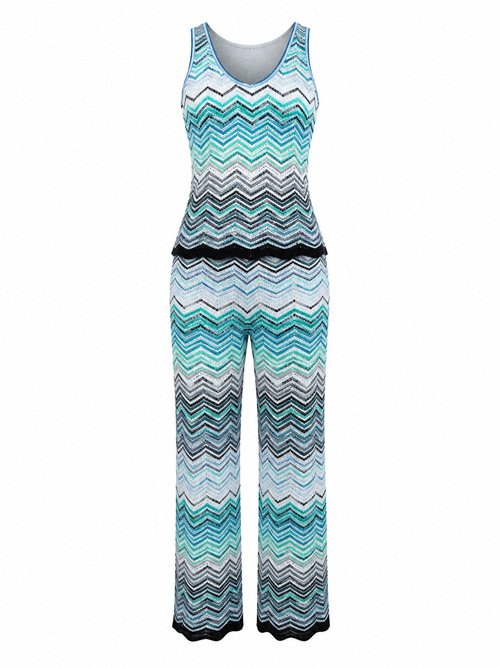 Blue Chevron Knit Sleeveless Top & Wide Leg Pants  Co-Ord outfit