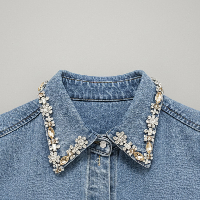 Rhinestone Collar Denim Shirt & High-Waist Wide-Leg Jeans Set
