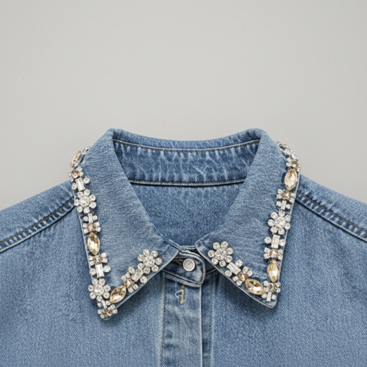 Rhinestone Collar Denim Shirt & High-Waist Wide-Leg Jeans Set – Light Wash – L’LUXE Matching Sets
