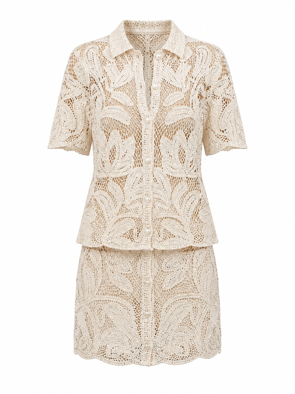 Beige Crochet Lace Shirt & Mini Skirt Matching Co-Ord Outfit – Resort Chic Two-Pieces – Beige – Excellent Quality