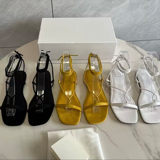 Square Toe Lace-Up Minimalist Leather Flat Sandals | L’LUXE Footwear