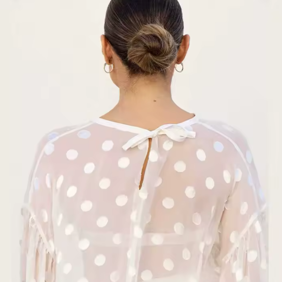 Polka Dot Sheer Beach Cover Up for Women | Long Sleeve Mesh Mini Dress | Vacation & Resort Wear
