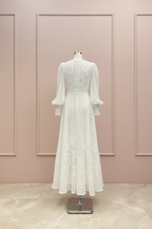 White Embroidered Floral Deep V-Neck Long Sleeve Midi Dress | L’LUXE Luxury Edit