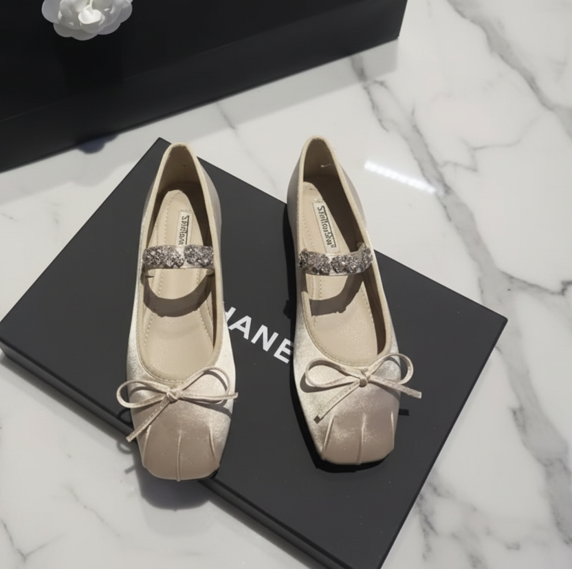 Crystal Embellished Square Toe Ballet Flats