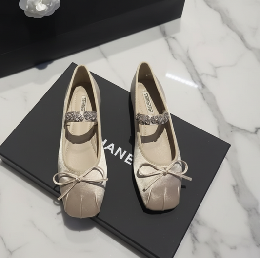 Crystal Embellished Square Toe Ballet Flats  | L’LUXE Footwear