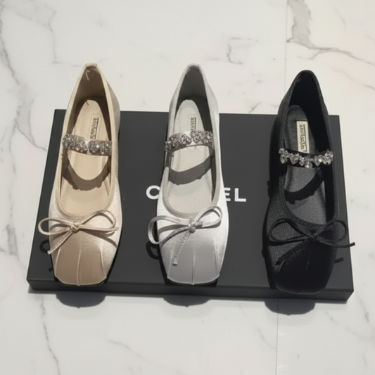 Crystal Embellished Square Toe Ballet Flats  | L’LUXE Footwear
