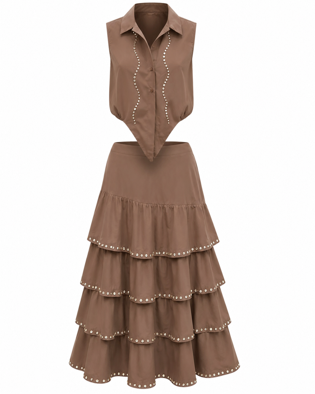 Mocha Taupe Rhinestone Trim Sleeveless Top & Matching Ruffled Tiered Midi Skirt |Co-Ord Outfit |  Editors Pick