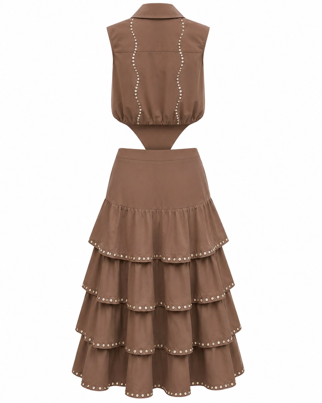 Mocha Taupe Rhinestone Trim Sleeveless Top & Matching Ruffled Tiered Midi Skirt |Co-Ord Outfit |  Editors Pick