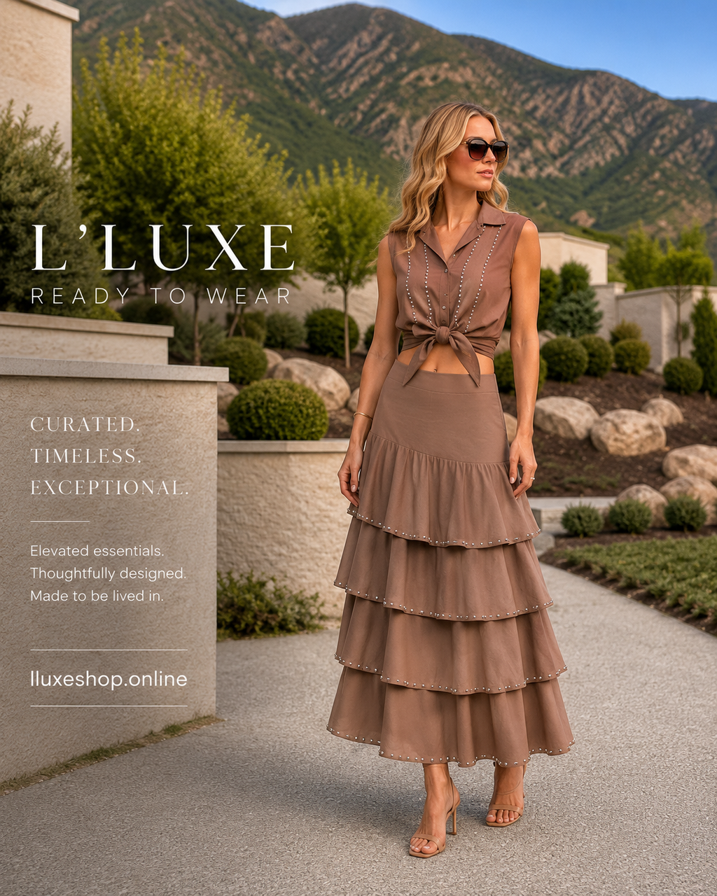Mocha Taupe Rhinestone Trim Sleeveless Top & Matching Ruffled Tiered Midi Skirt |Co-Ord Outfit |  Editors Pick