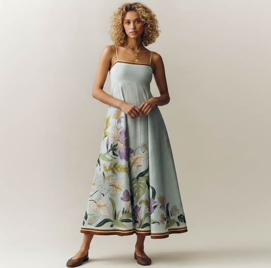 Light Blue Square Neck Floral Linen Camisole Maxi Dress | L’LUXE Luxury Edit