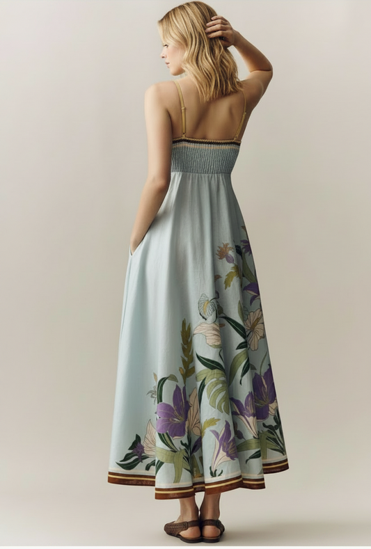 Light Blue Square Neck Floral Linen Camisole Maxi Dress | L’LUXE Luxury Edit