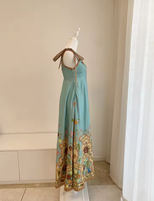 Blue Persian Rose Garden Linen Strap Maxi Dress | L’LUXE Luxury Edit