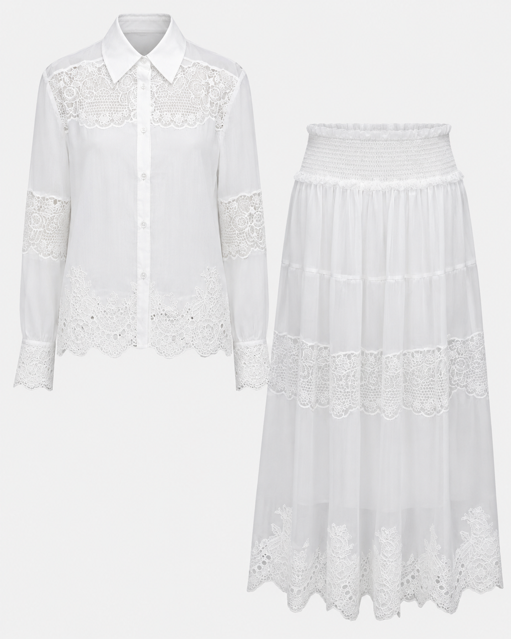 Women’s Blue & White Silk Linen Embroidered Lace Shirt or Pleated Skirt Matching Co-Ord Outfit