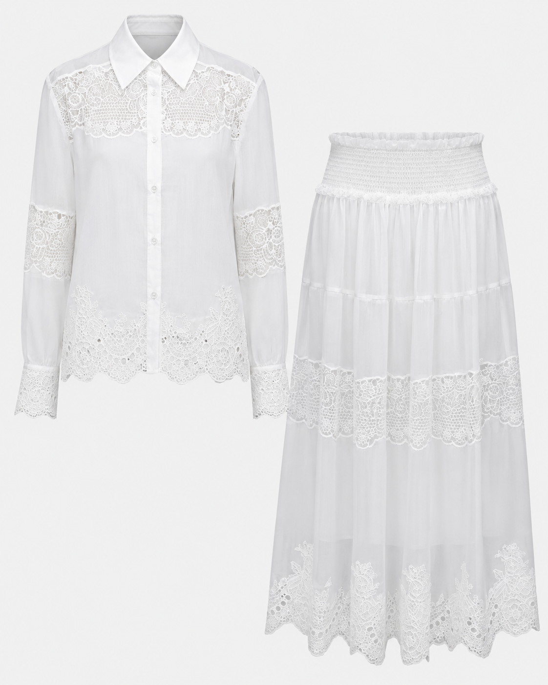 Women’s Blue & White Silk Linen Embroidered Lace Shirt or Pleated Skirt Matching Co-Ord Outfit