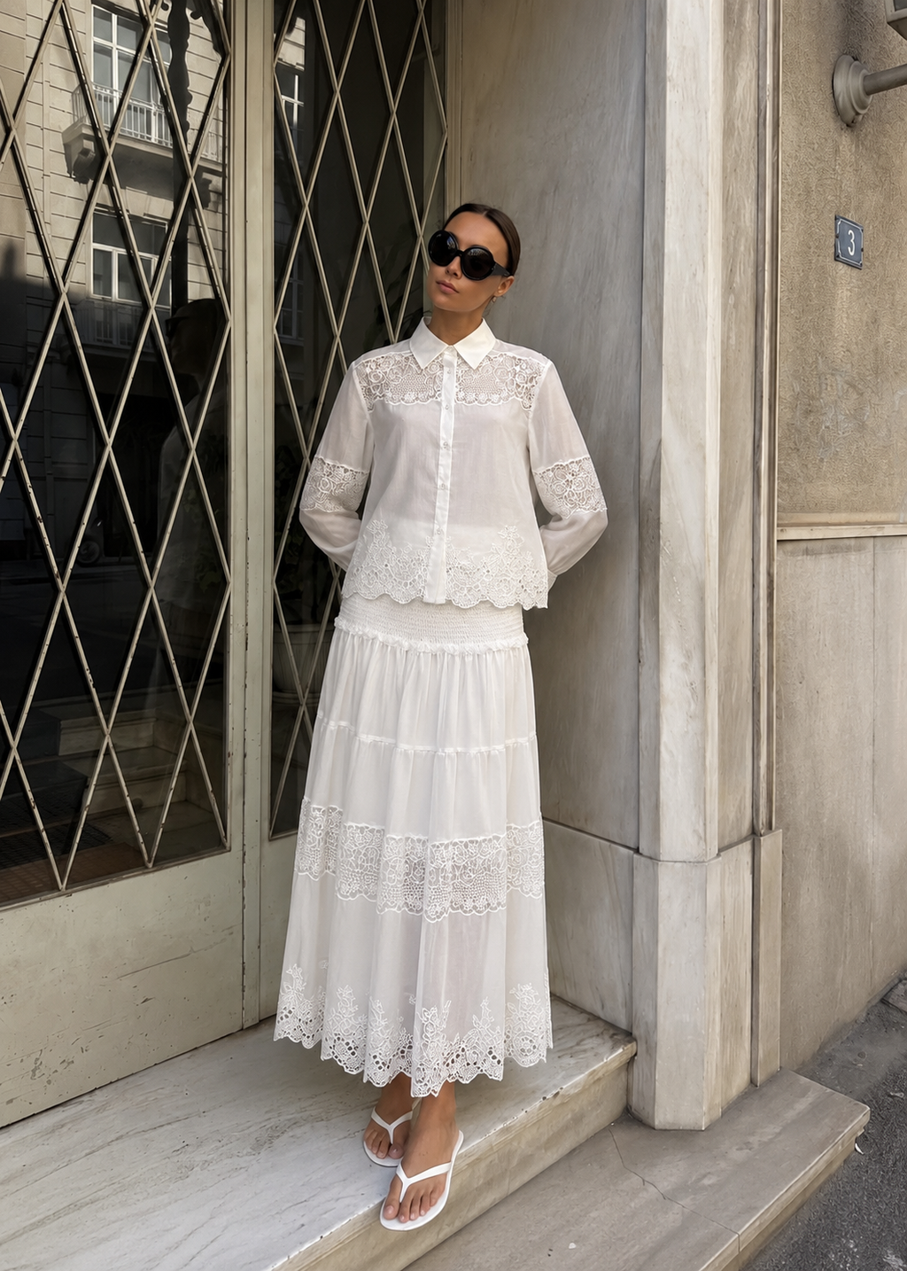 Women’s Blue & White Silk Linen Embroidered Lace Shirt or Pleated Skirt Matching Co-Ord Outfit