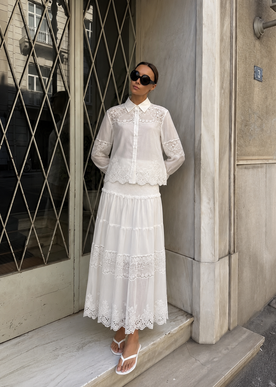Women’s Blue & White Silk Linen Embroidered Lace Shirt or Pleated Skirt Matching Co-Ord Outfit