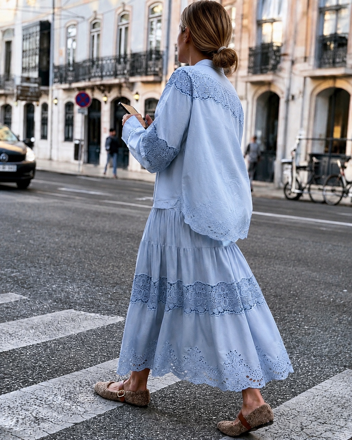 Women’s Blue & White Silk Linen Embroidered Lace Shirt or Pleated Skirt Matching Co-Ord Outfit