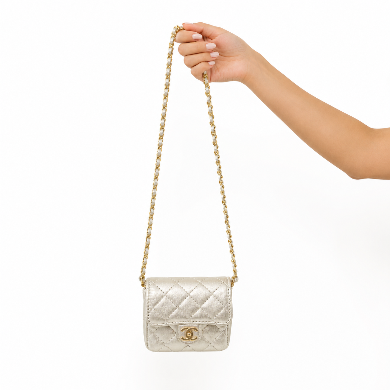 CHANEL Micro Chain Pochette CC Matelassé Calfskin Mini Crossbody Bag Gold Hardware Authentic Previously Owned