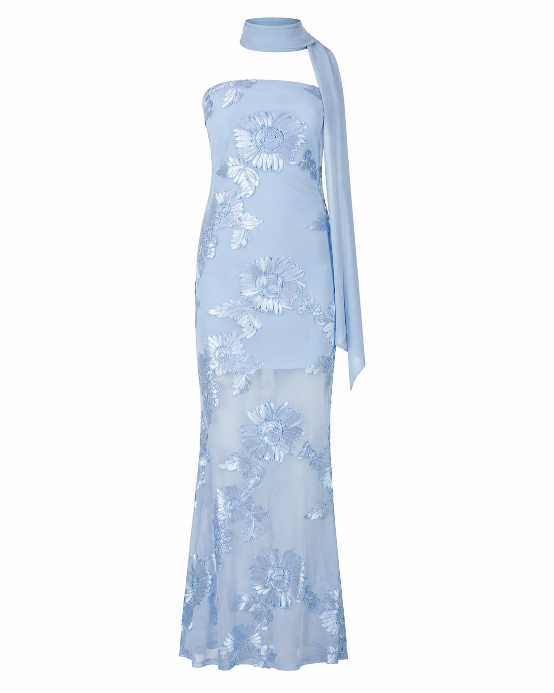 Blue Strapless Embroidered Mesh Maxi Dress with Neck Scarf | Also Comes in Cream