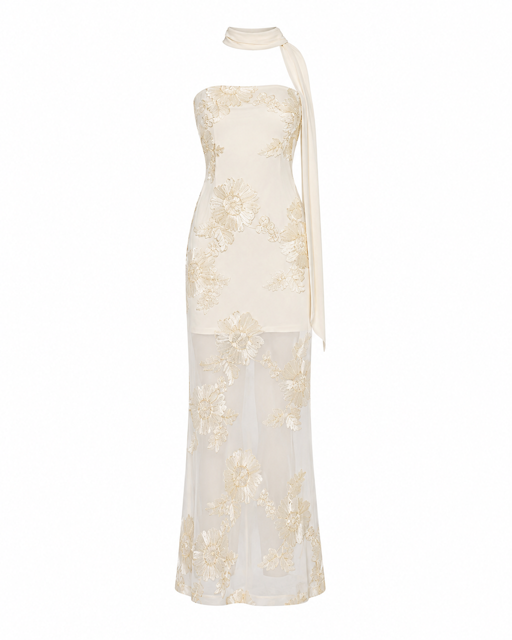 Blue Strapless Embroidered Mesh Maxi Dress with Neck Scarf | Also Comes in Cream