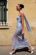 Blue Strapless Embroidered Mesh Maxi Dress with Neck Scarf | Also Comes in Cream