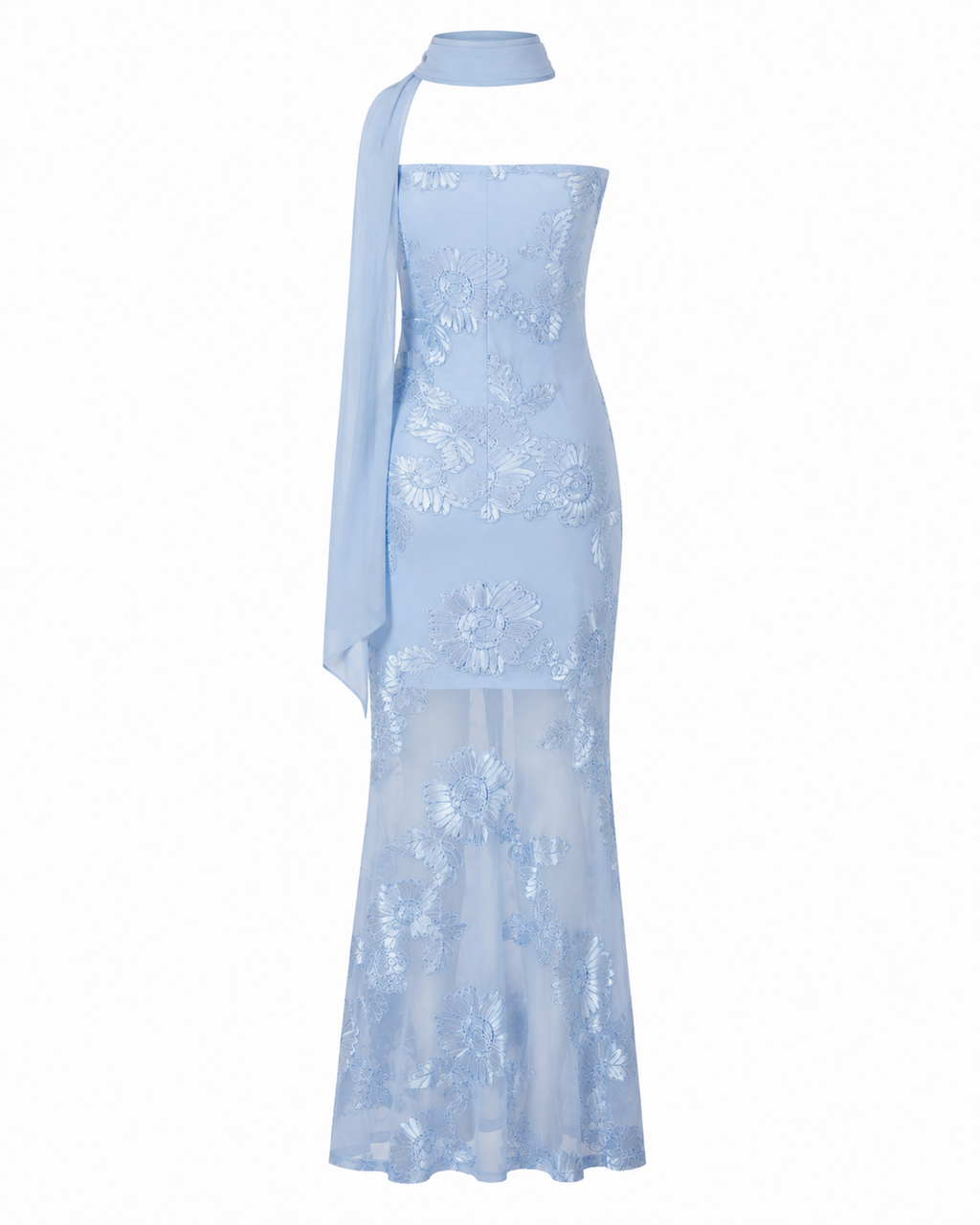 Blue Strapless Embroidered Mesh Maxi Dress with Neck Scarf | Also Comes in Cream