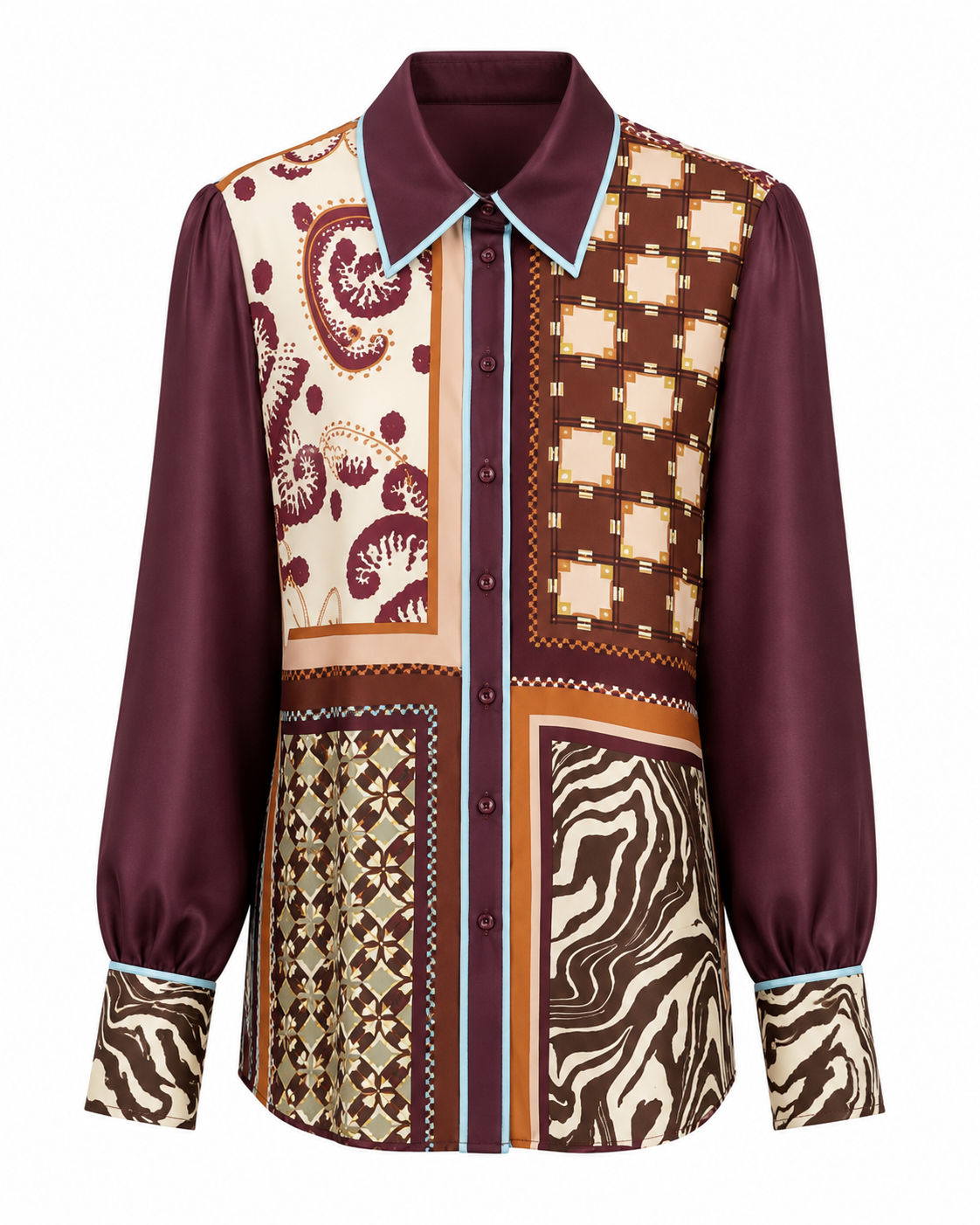 Burgundy Scarf-Print Silk Separates | Top, Shirt or Wide-Leg Pants