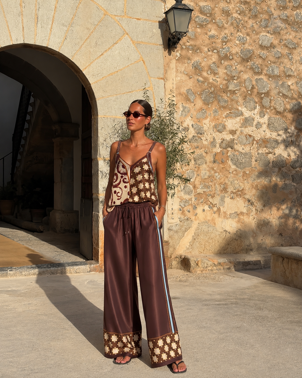 Burgundy Scarf-Print Silk Separates | Top, Shirt or Wide-Leg Pants