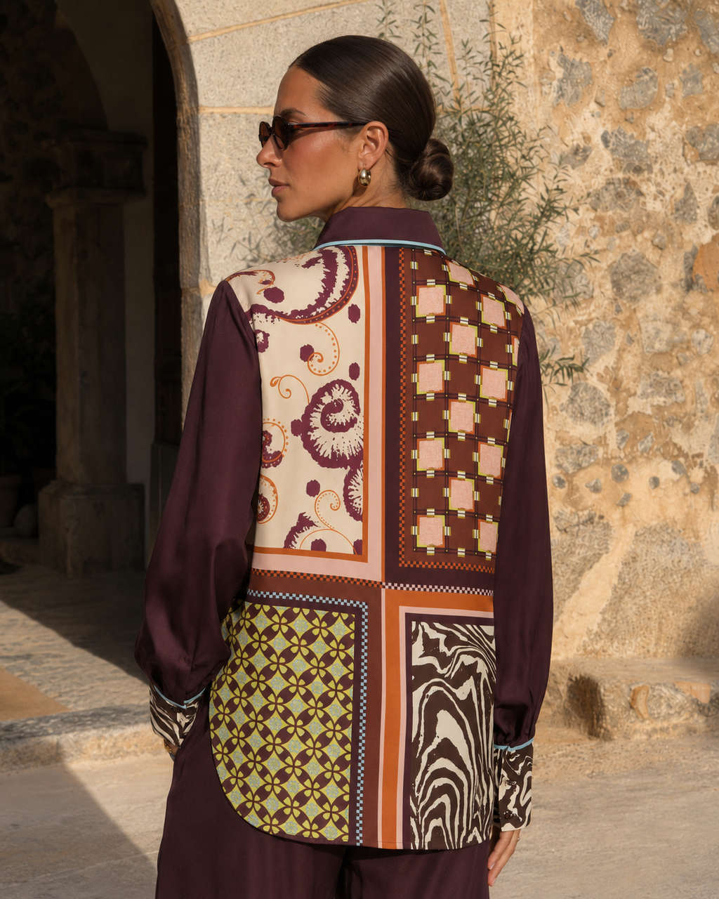 Burgundy Scarf-Print Silk Separates | Top, Shirt or Wide-Leg Pants