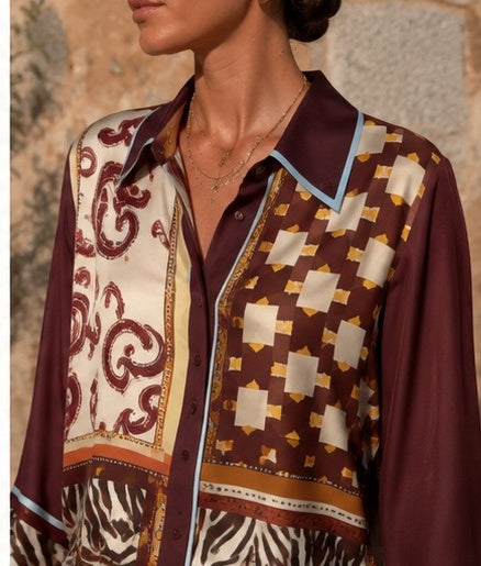 Burgundy Scarf-Print Silk Separates | Top, Shirt or Wide-Leg Pants
